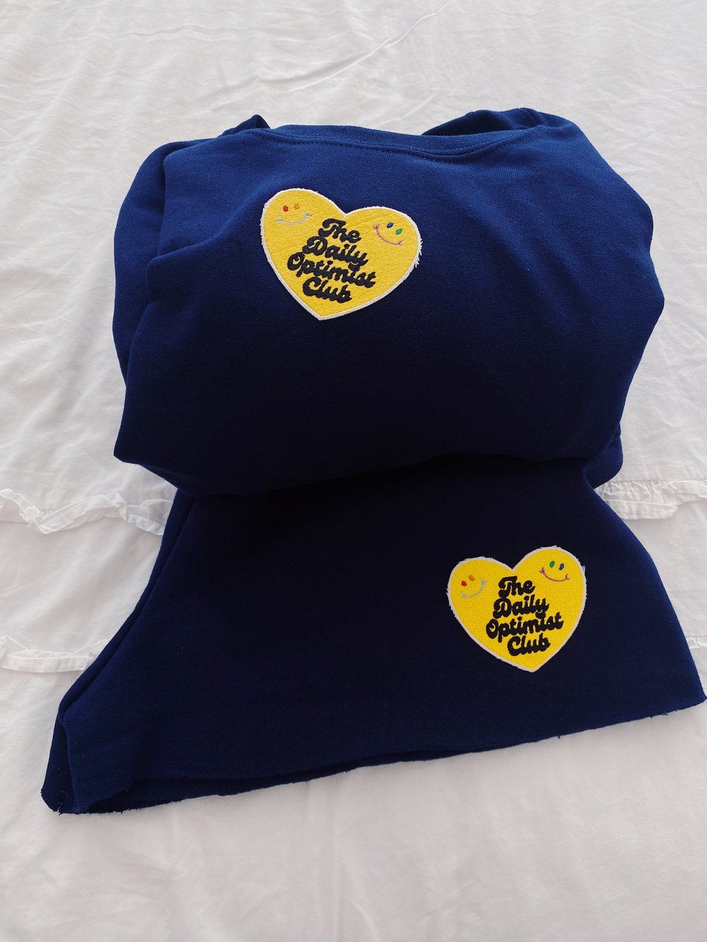 Navy Crewneck and Sweatshorts Set + Yellow Daily Optimist Club Patch
