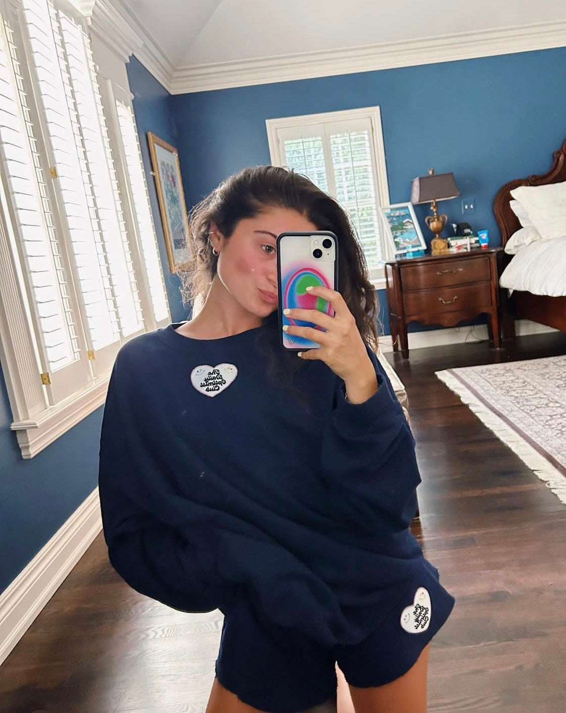 Navy Crewneck and Sweatshorts + The Daily Optimist Club Heart Patch