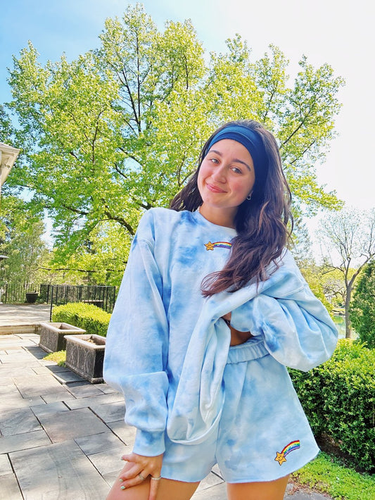 Navy Tie Dye Crewneck and Sweatshorts Set + Star Rainbow Patch
