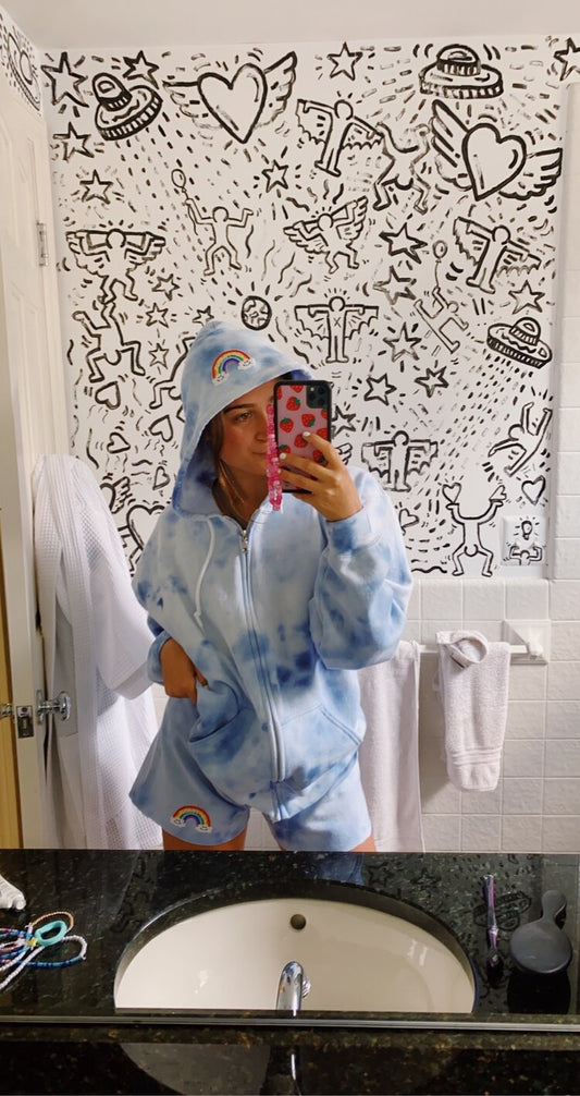 Navy Tie Dye Zip Up & Sweatshorts Set + Double Rainbow Patch