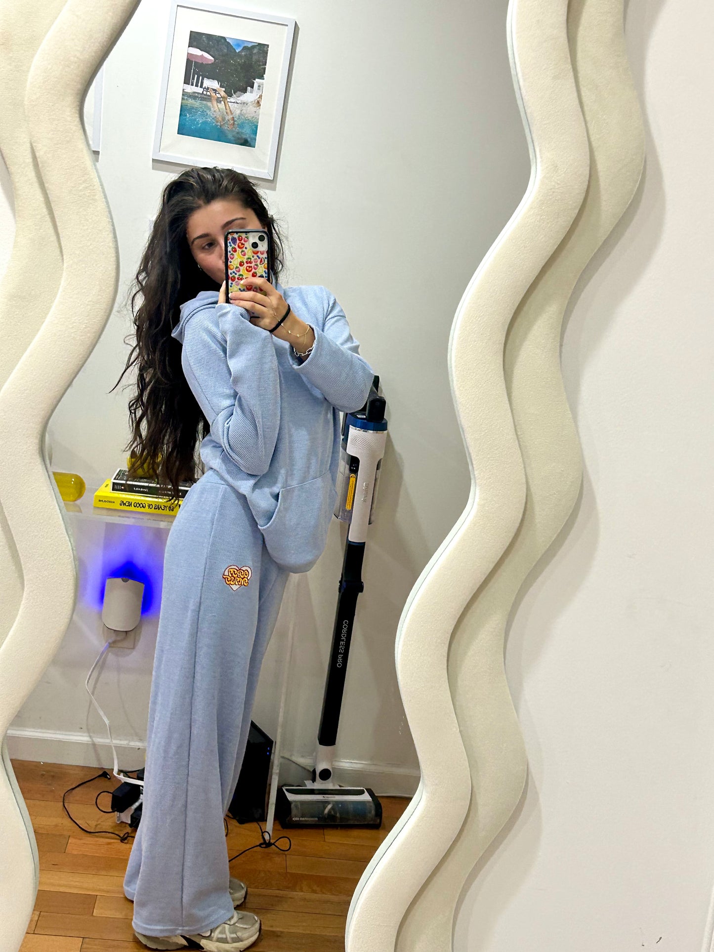 Blue Ribbed Hoodie & Open Bottom Sweatpants Set + Embroidered Heart