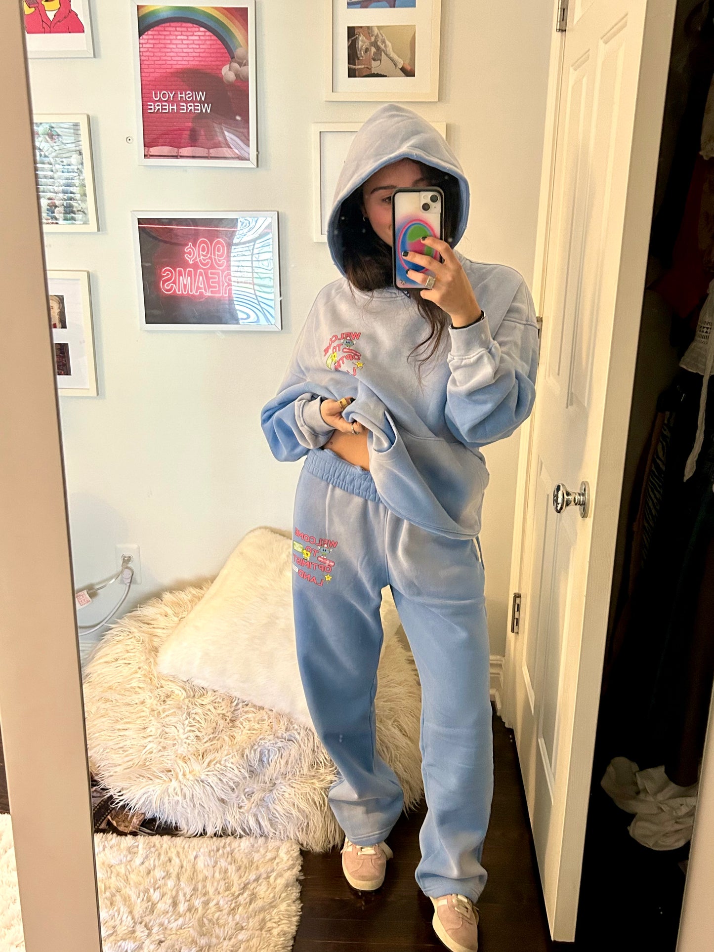 Welcome to Optimist Land Blue Acid Wash Hoodie + Sweatpants Set