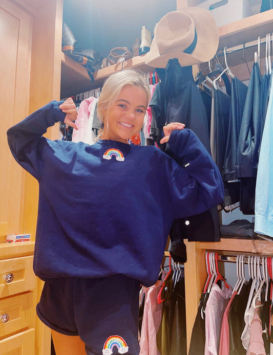 Navy Crewneck & Sweatshorts Set + Double Cloud Rainbow Patch
