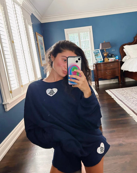 Navy Crewneck and Sweatshorts + The Daily Optimist Club Heart Patch
