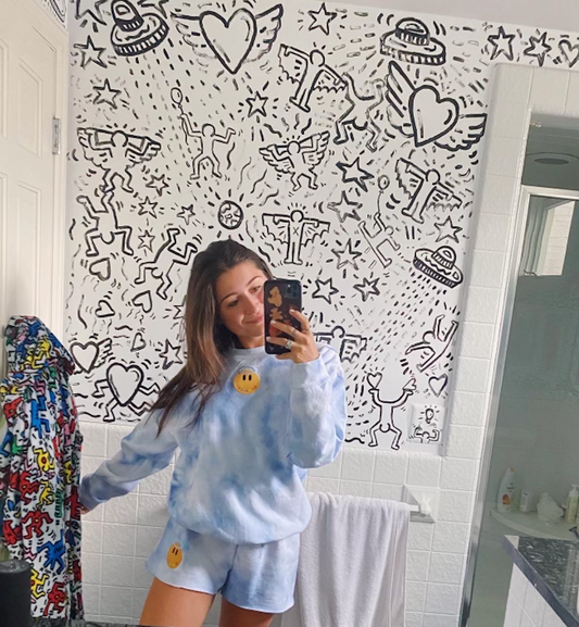 Navy Tie Dye Crewneck & Sweatshorts Set + Angel Patch